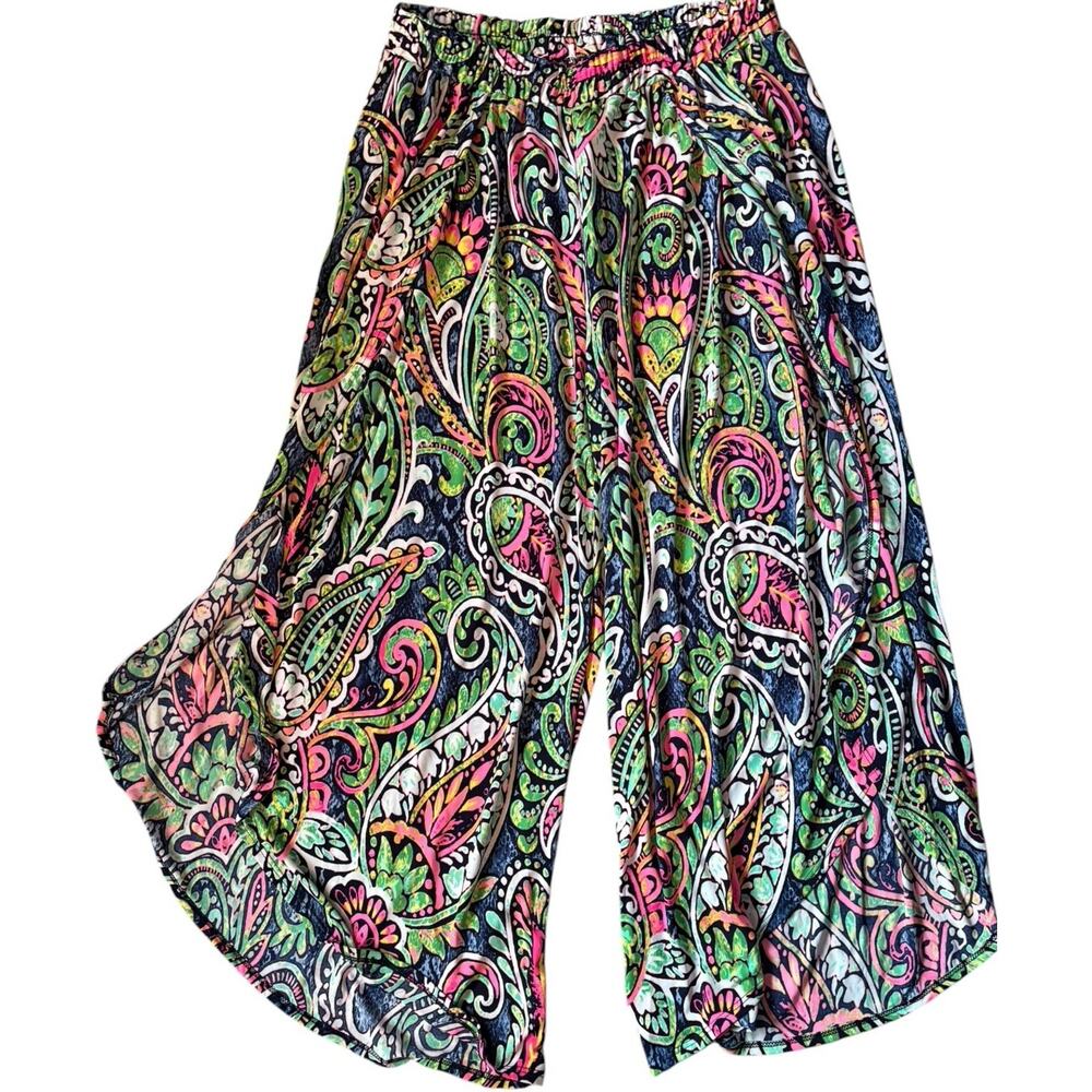 White Birch Wide Leg Side Slit Palazzo Pants Paisley Colorful Pull On XL Boho